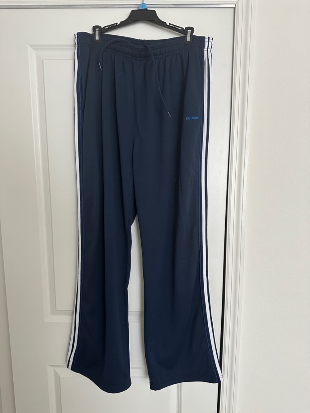 Reebok Navy Blue Track Pants with White Side Stripes